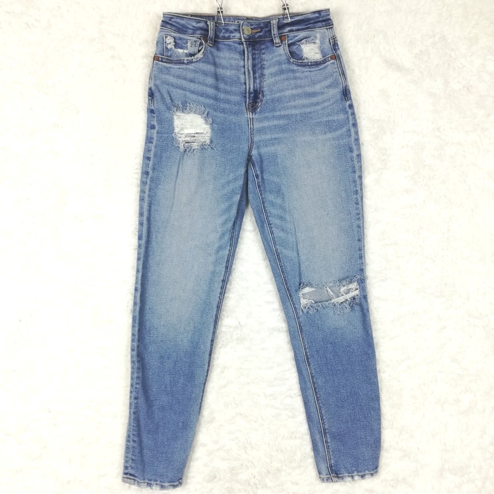 American Eagle Womens Original Mom Jeans High Rise Blue Denim Distressed 2